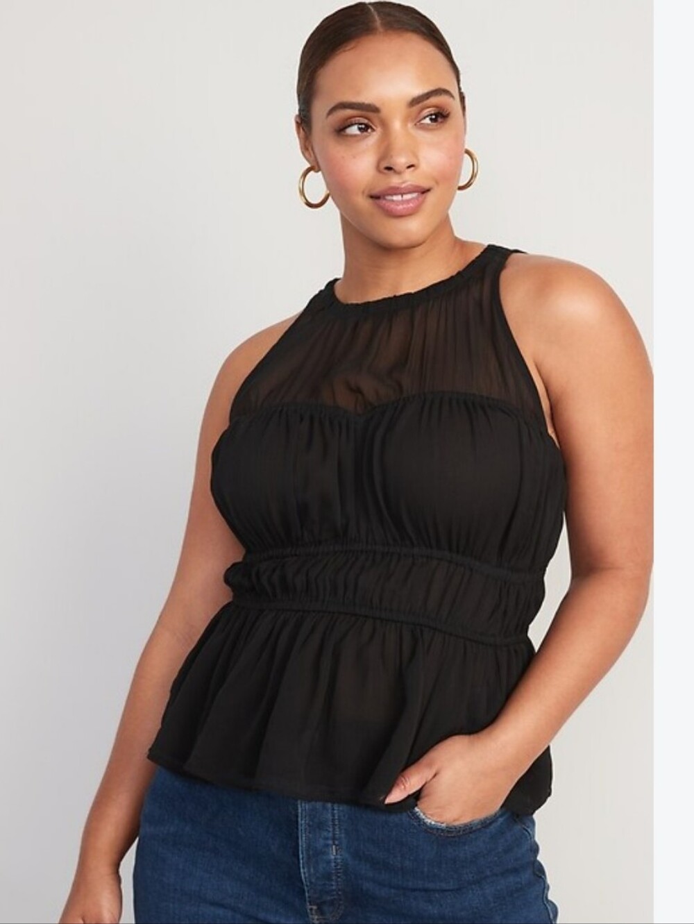 Old Navy Black Sleeveless Shirred Peplum Blouse with Sheer Yoke